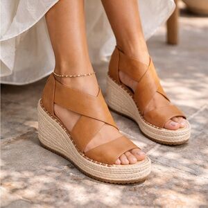 EILEEN FISHER Willow Tumbled Leather Criss Cross Wedge Espadrille in Cognac Tan